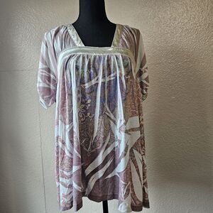 Casual Freedom XL Silk Blend Boho Tunic Top Sheer Paisley Flowy Peasant CC703